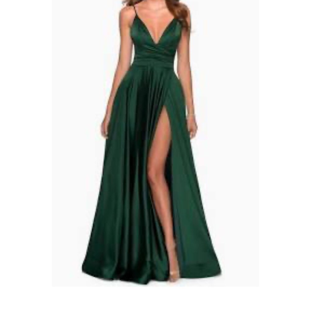 New La Femme 28607 Strappy Back Satin Emerald Green Evening Gown Dress Z78